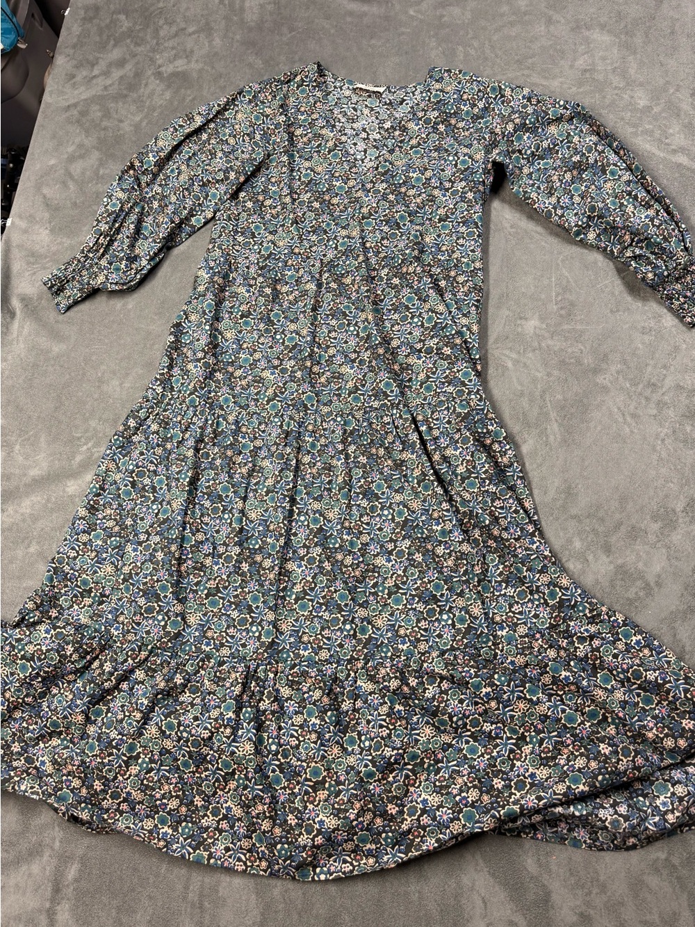 Boho Floral Long-Sleeve Maxi Dress in Teal and Navy